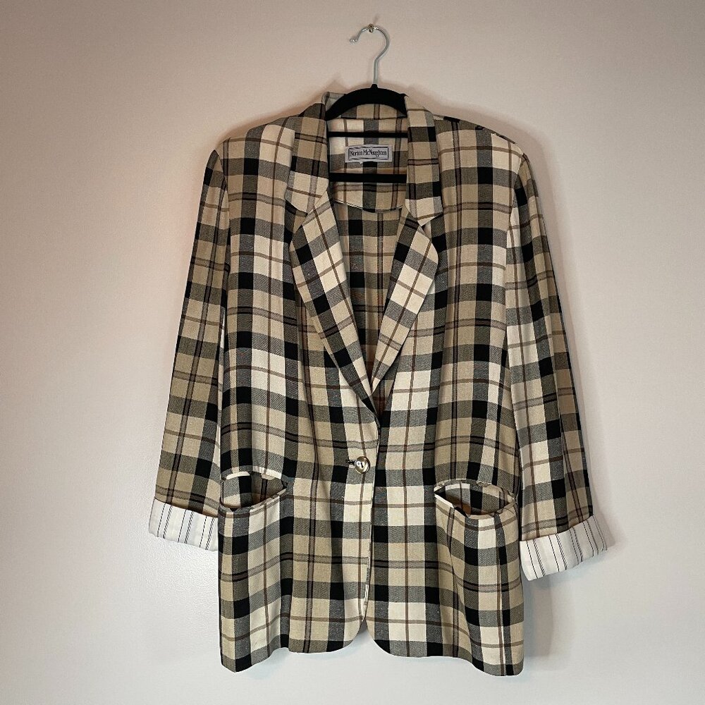 Vintage 90s Plaid Linen Blend Blazer Jacket Lightweight Women's Size 6 Lagenlook
